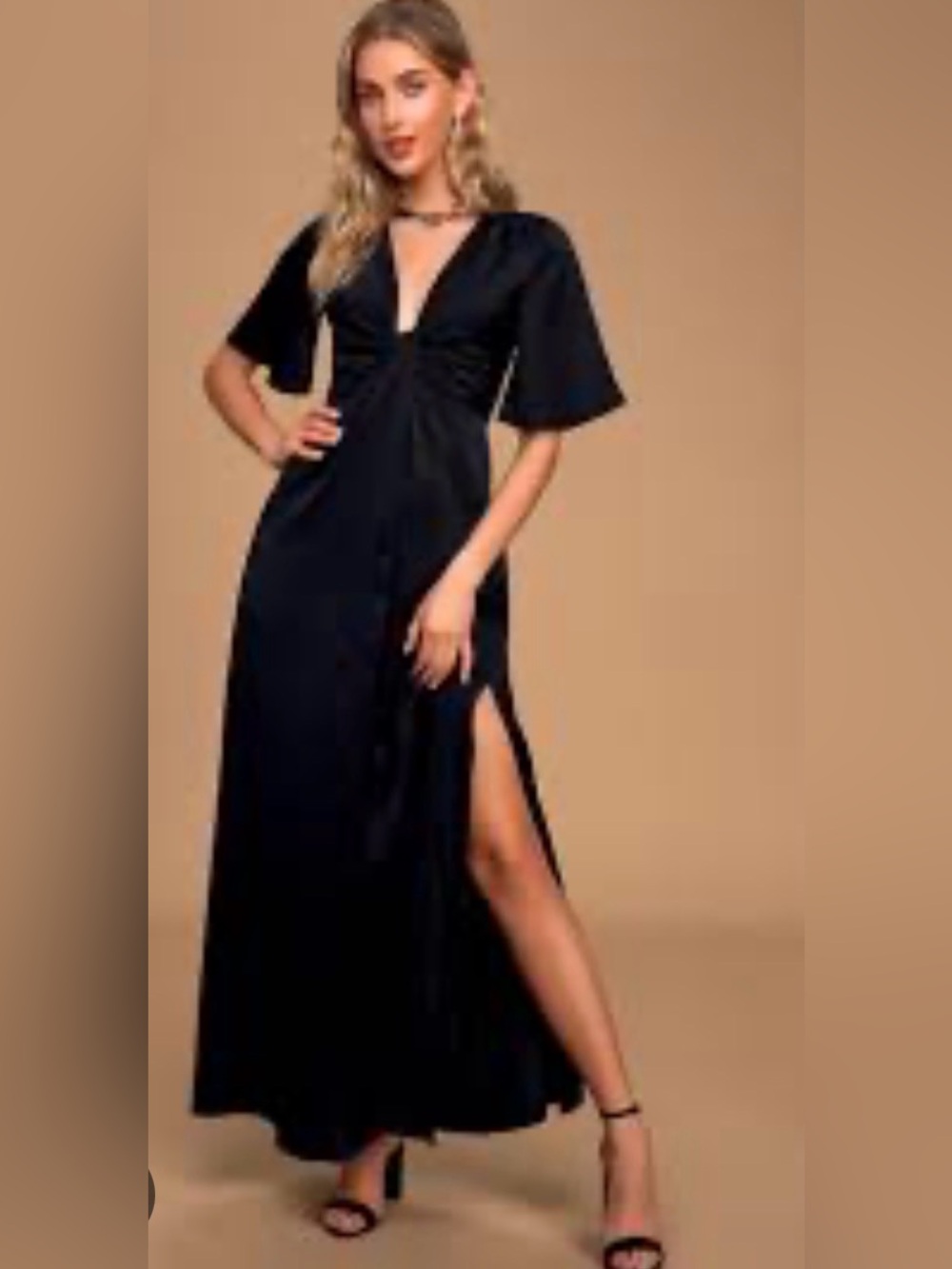 Lulu’s Black Satin Twist Front Maxi Dress Side Slit Medium Wedding Guest